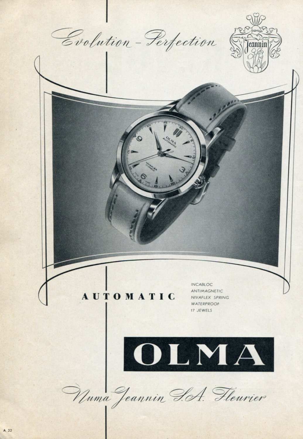 Vintage 1953 Olma Numa Jeannin SA Watch Co Switzerland Swiss Print Ad Publicite Suisse Montres