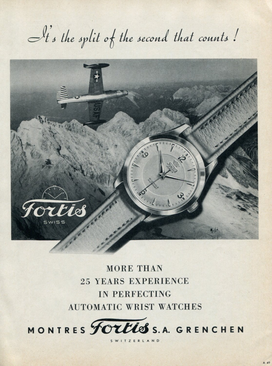 Vintage 1953 Fortis SA Watch Co Split of the Second That Counts Swiss Ad Publicite Suisse Montres