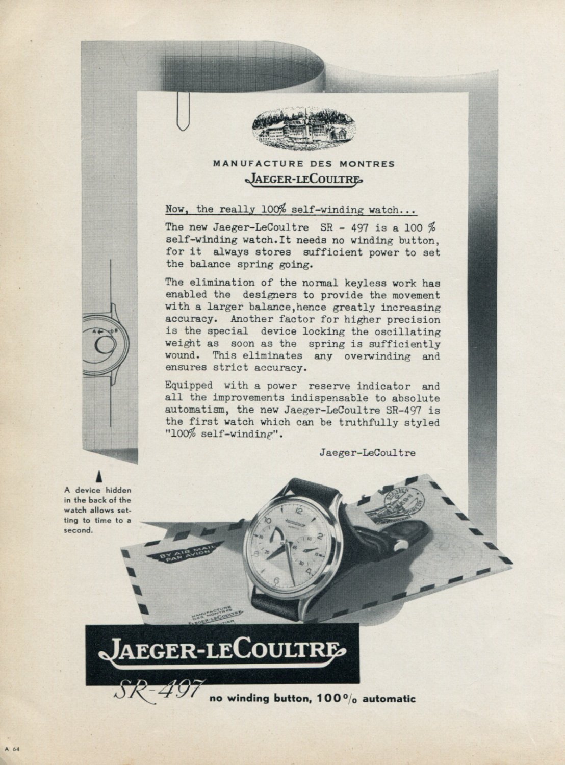 Vintage 1953 Jaeger-LeCoultre Swiss Print Ad Publicite Suisse Montres SR-497 Watch Advert