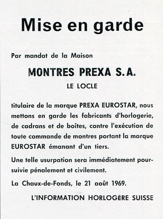 Montres Prexa SA 1969 Swiss Ad Mise en Garde Publicite Suisse Prexa Eurostar Watch Advert