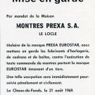 Montres Prexa SA 1969 Swiss Ad Mise en Garde Publicite Suisse Prexa Eurostar Watch Advert