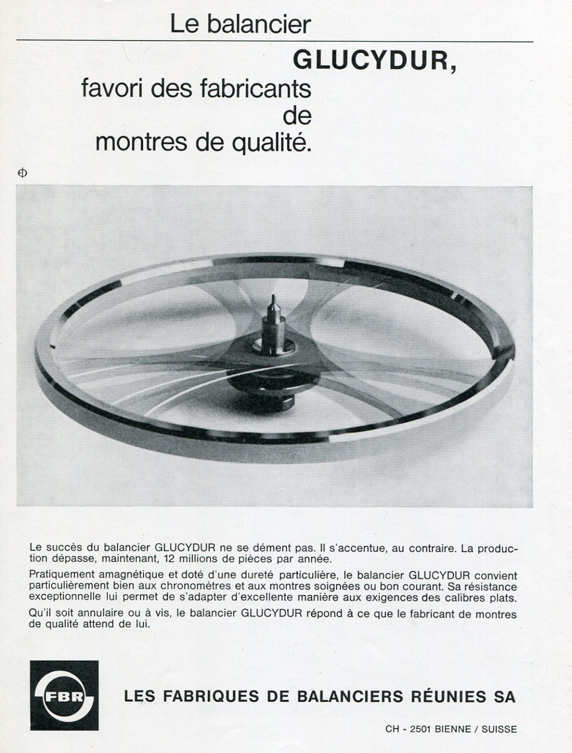 FBR Glucydur Fabriques de Balanciers Reunies SA Publicite Suisse 1969 Swiss Print Ad Horology