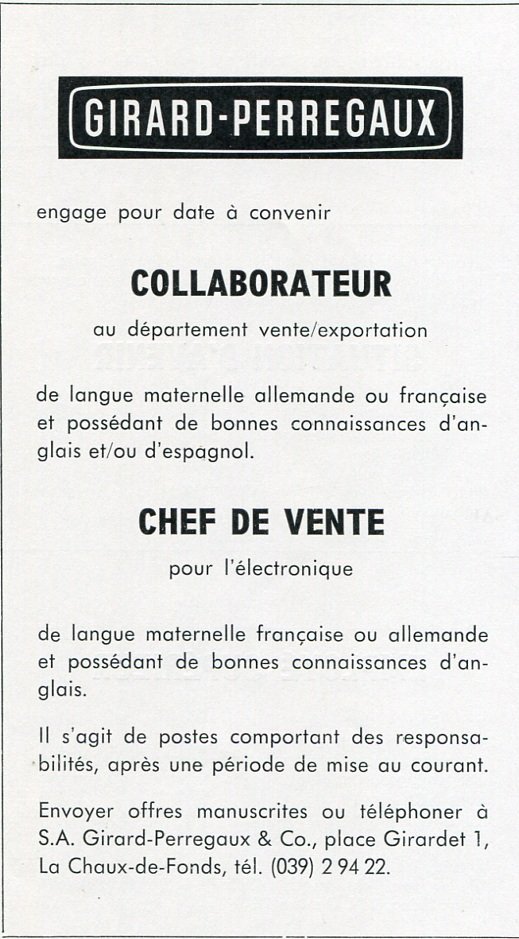 SA Girard-Perregaux & Co Watch Co 1969 Publicite Employment Advertisement Swiss Print Ad Suisse