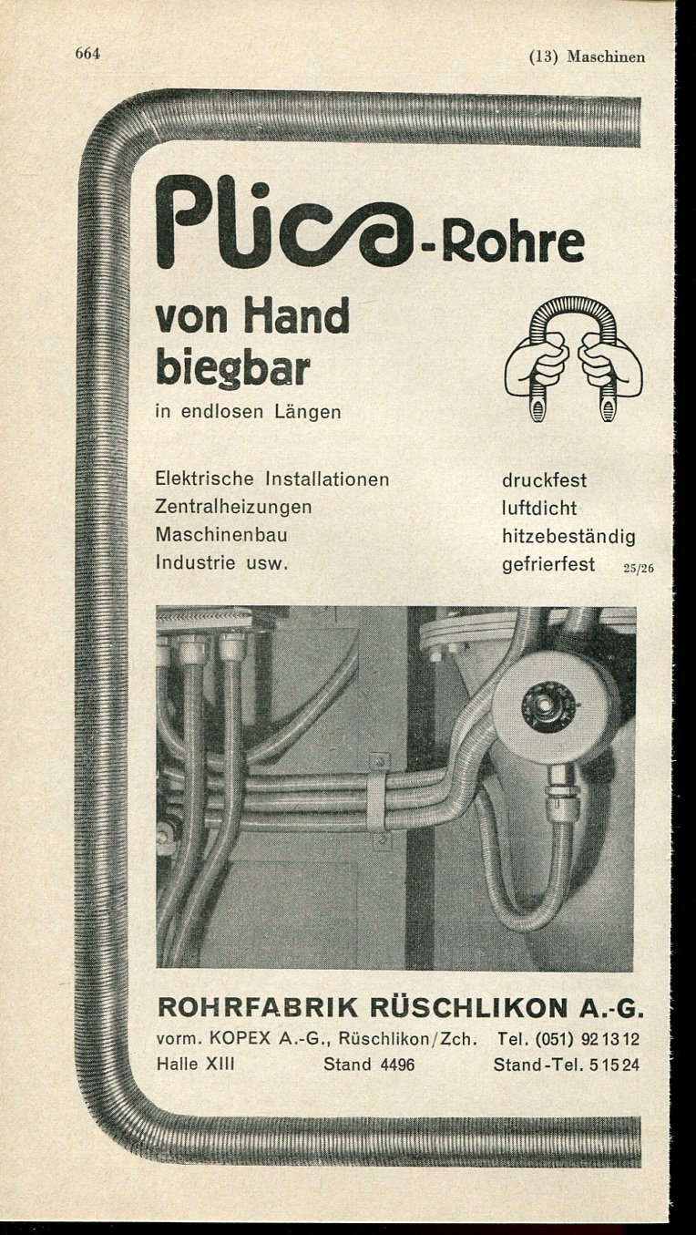Vintage 1947 Plica-Rohre Rohrautomaten Kopex AG Swiss Print Ad Publicite Suisse Schweiz