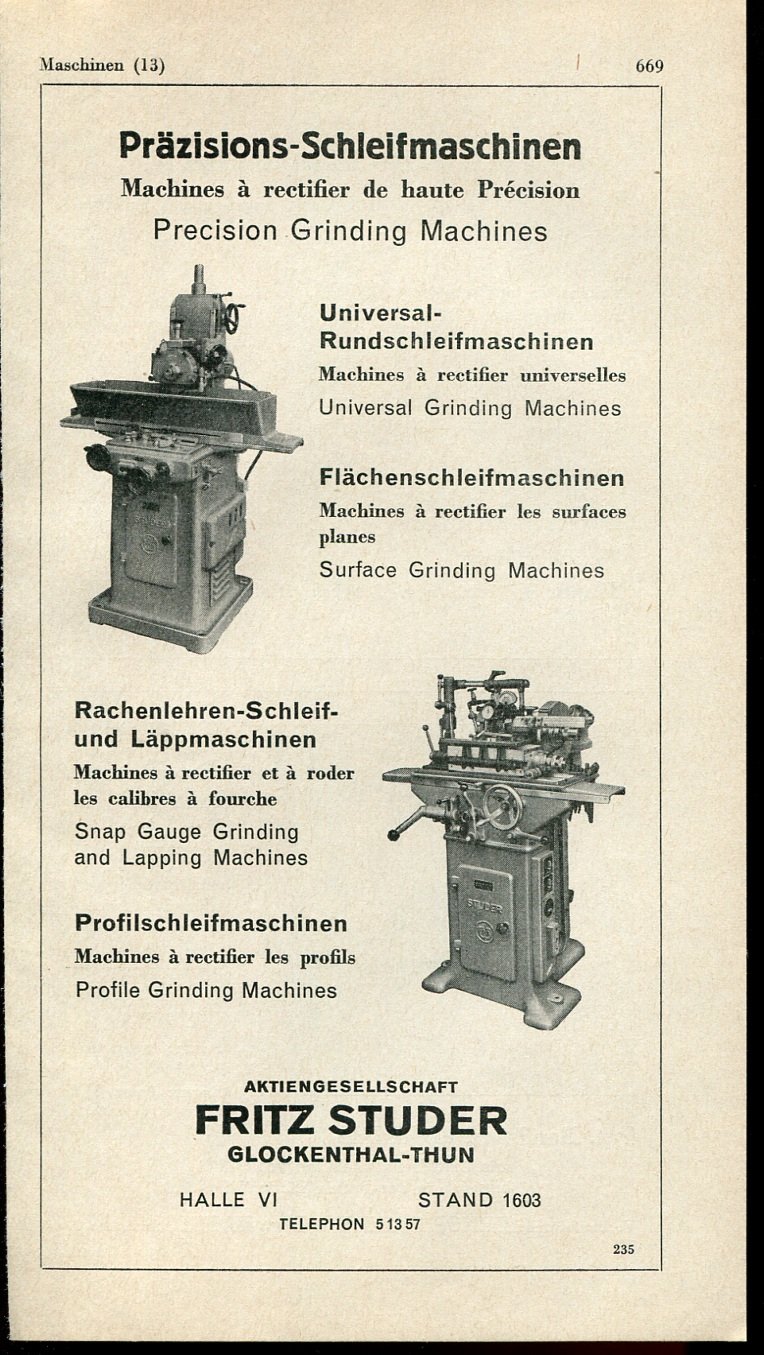 Vintage 1947 Fritz Studer Grinding Machine Co Swiss Print Ad Publicite Suisse Schweiz