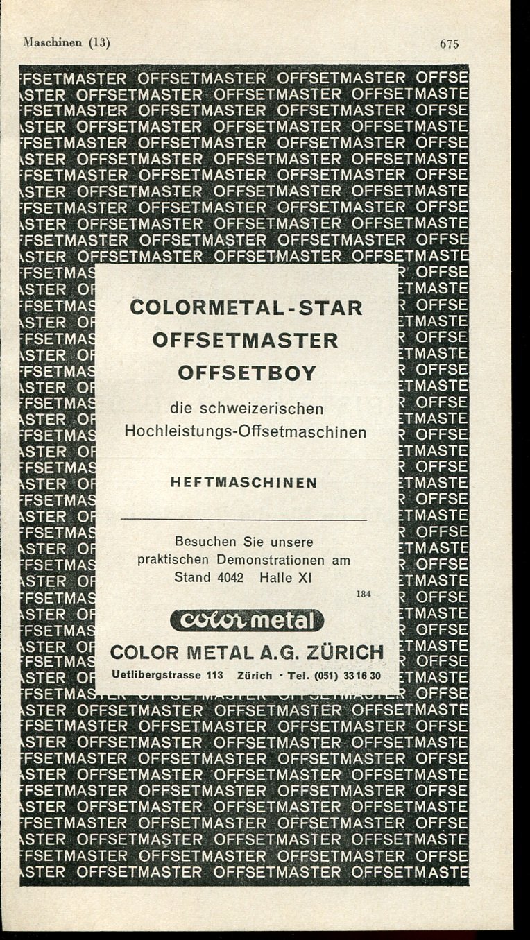 Vintage 1947 Color Metal AG Zurich Offsetmaster Swiss Print Ad Publicite Suisse Schweiz