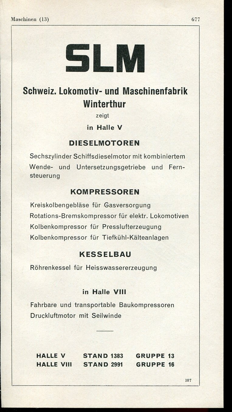 Vintage 1947 SLM Schweiz Lokomotiv und Maschinenfabrik Swiss Print Ad Publicite Suisse
