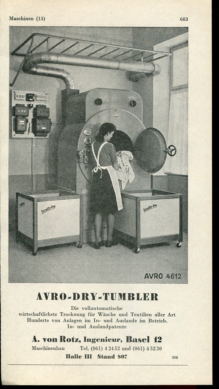 Vintage 1947 Advert Avro Dry Tumbler A von Rotz Swiss Print Ad Publicite Suisse Schweiz