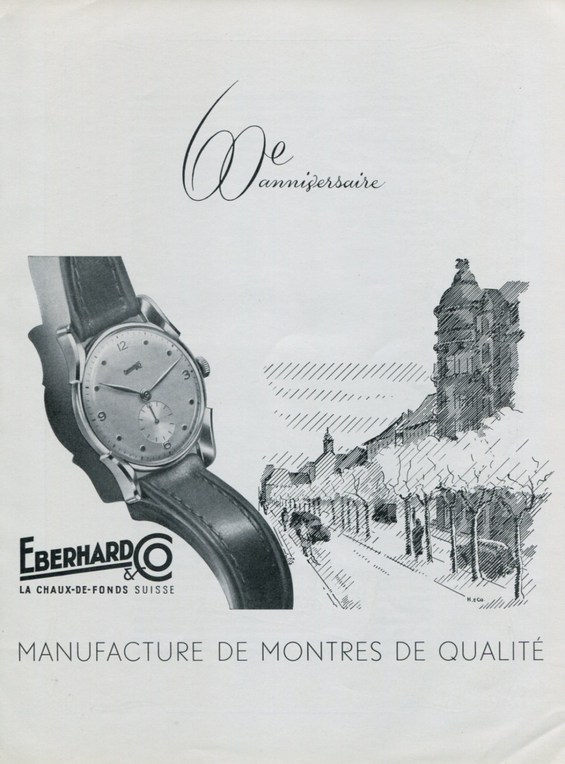 Vintage 1947 Eberhard & Co Watch Company 60th Anniversary Swiss Ad Advert Publicite Suisse Montres