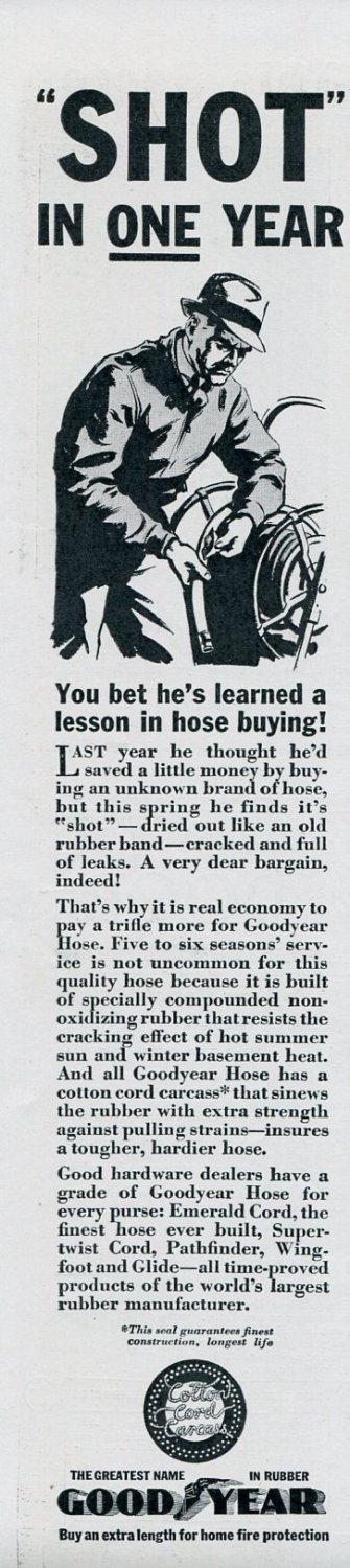 1936 Goodyear Rubber Goodyear Hose Vintage 1930s Print Ad Publicite Advert Advertisement