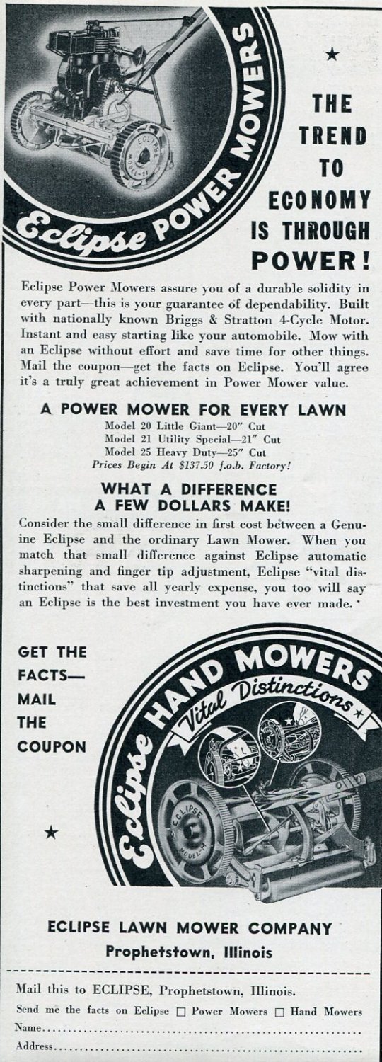 Vintage 1936 Eclipse Lawn Mower Company Prophetstown IL Illinois 1930s Print Ad Publicite Advert