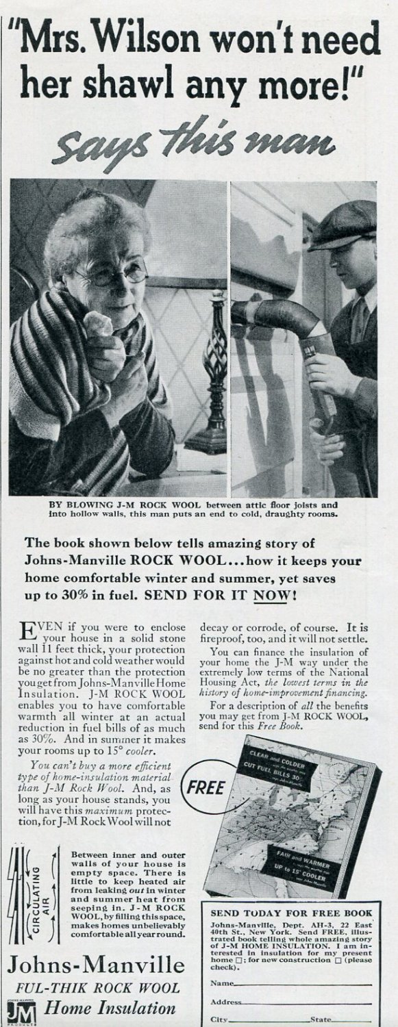 1936 Johns-Manville Rock Wool Insulation Vintage 1930s Print Ad Publicite Advert