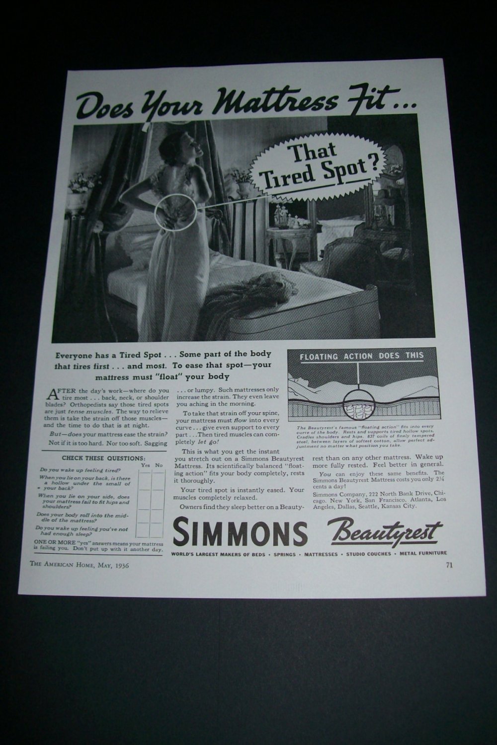 Vintage 1936 Simmons Beautyrest Mattress Bed Floating Action Original 1930s Print Ad Advert