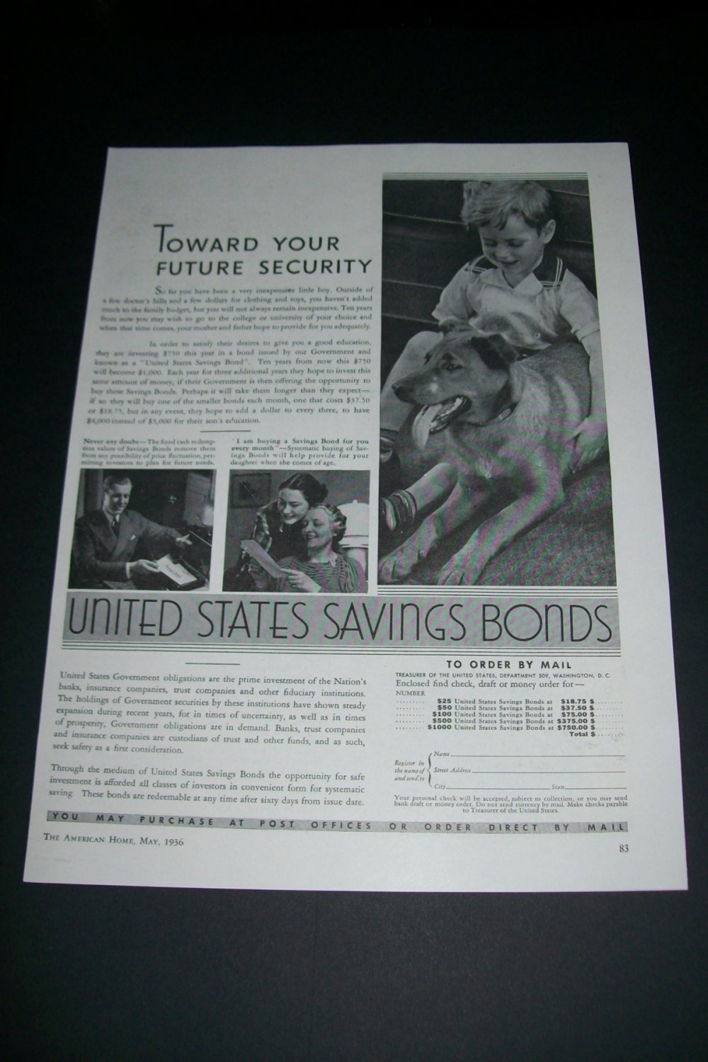 Vintage 1936 United States Savings Bonds Toward Your Future Security 1930s Print Ad Advert