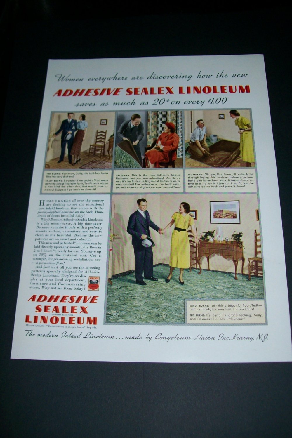 Vintage 1936 Congoleum Nairn Inc Kearny NJ Adhesive Sealex Linoleum 1930s Print Ad Publicite Advert