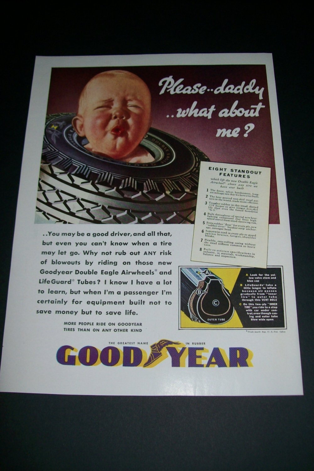 Vintage 1936 Goodyear Tires Double Eagle Airwheels Lifeguard Tubes Rubber 1930s Print Ad Advert