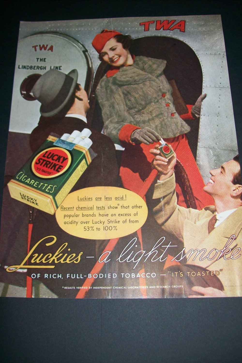 Original 1936 TWA Lucky Strike Cigarettes Luckies The Lindbergh Line 1930s Print Ad Publicite Advert