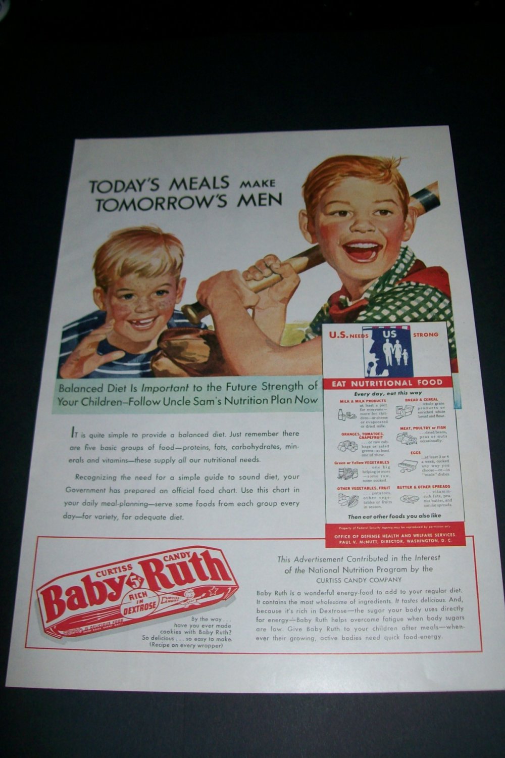 Vintage 1943 Baby Ruth Today's Meals Make Tomorrow's Men Curtiss Candy Co 1940s Print Ad Advert