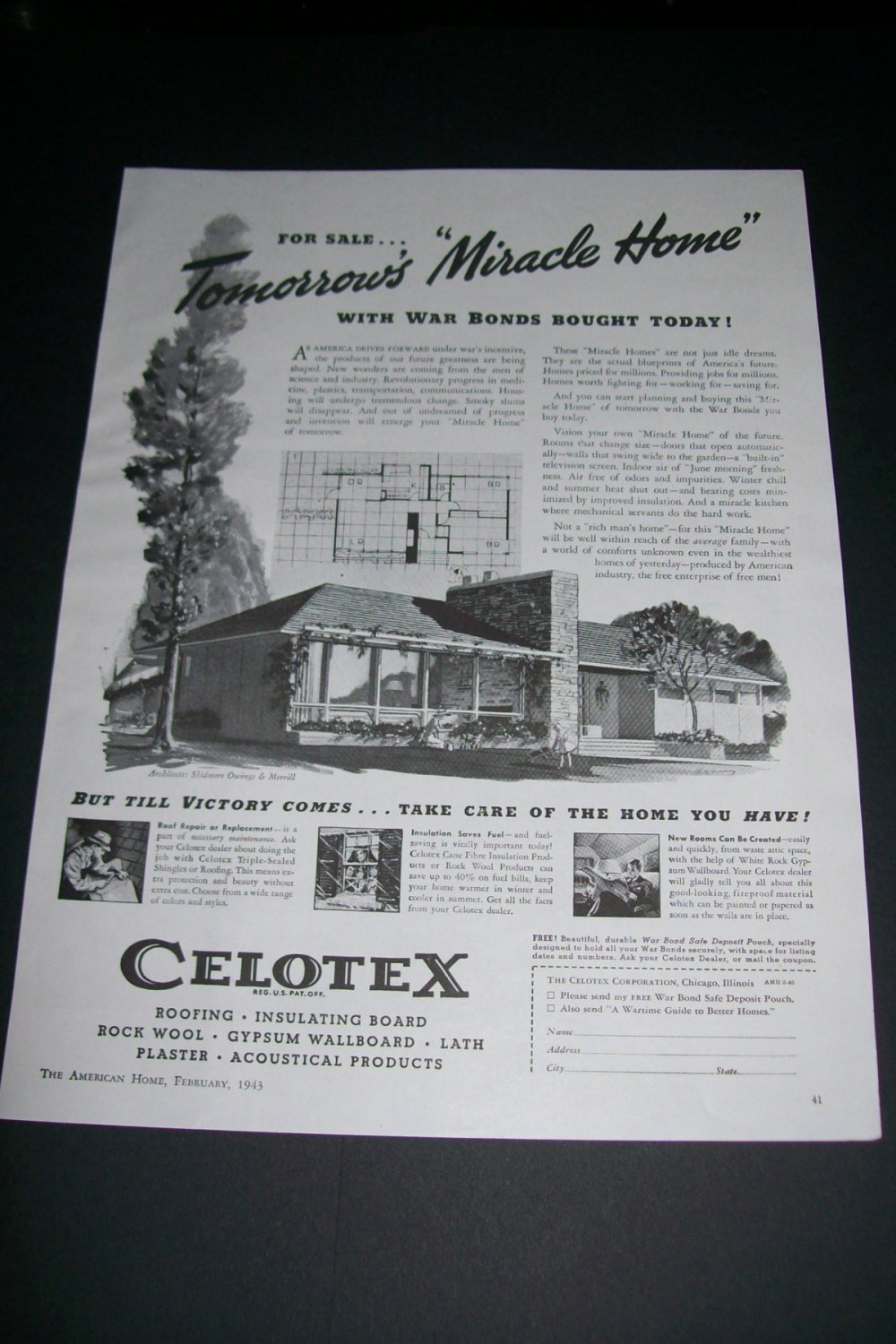 Vintage 1943 Celotex Corp Chicago Tomorrow's Miracle Home WW2 WWII War Bonds Print Ad Advert