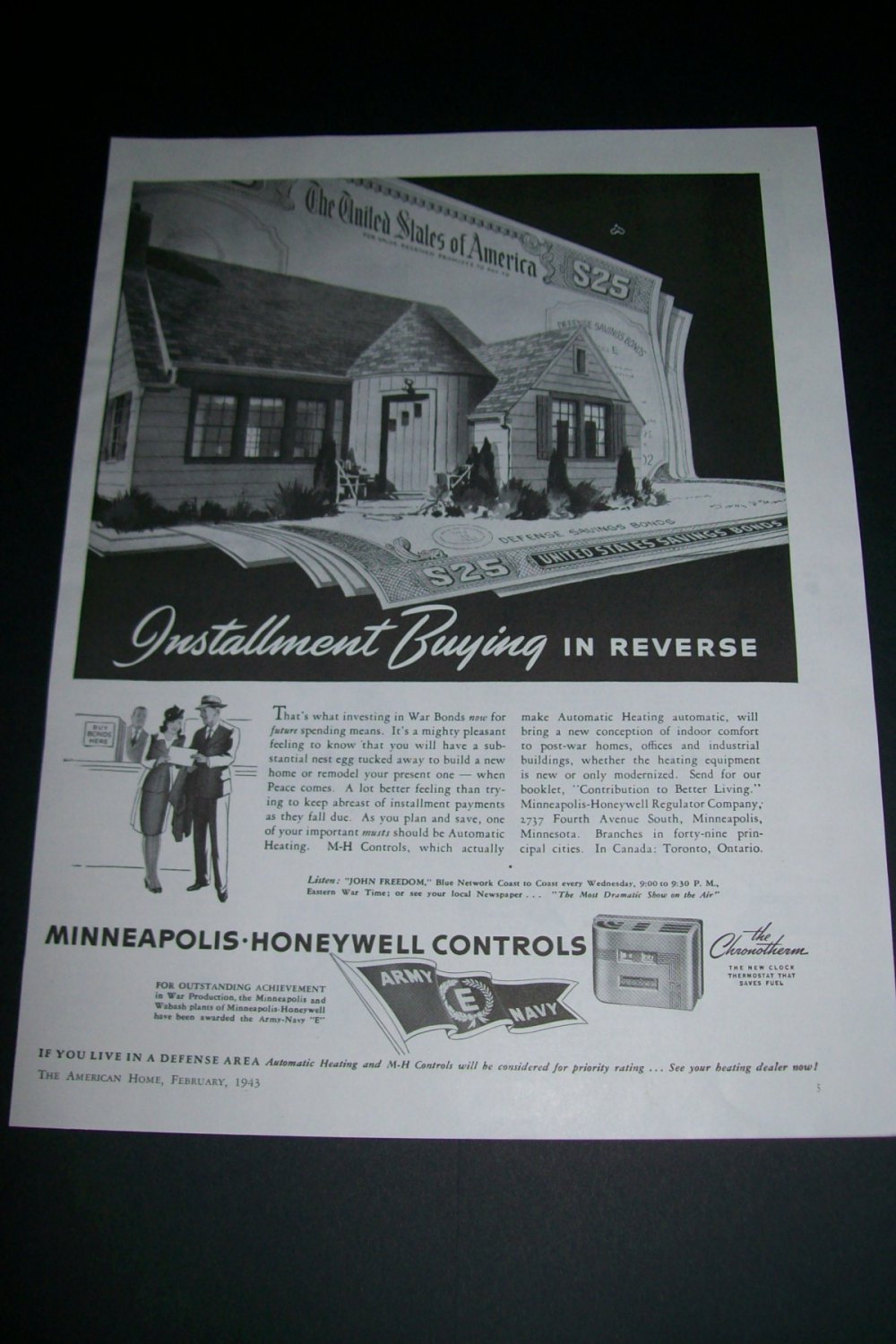 Vintage 1943 Minneapolis Honeywell Automatic Heating War Bonds WW2 WWII 1940s Print Ad Advert