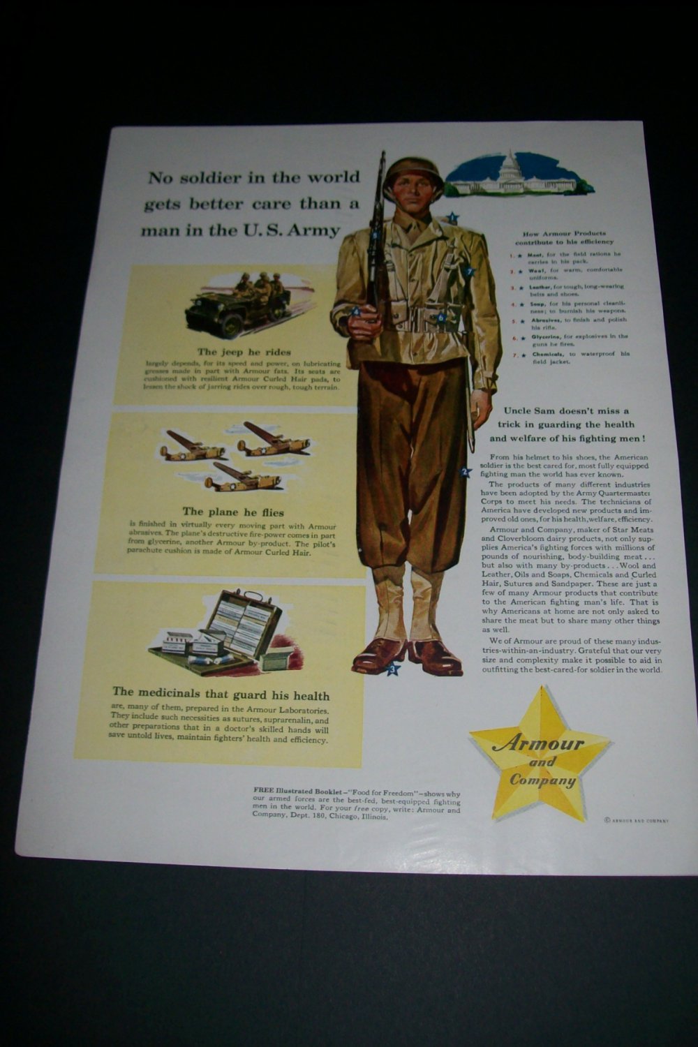 Vintage 1943 Armour and Company U.S. Army No Soldier Gets Better Care WW2 WWII Print Ad Advert