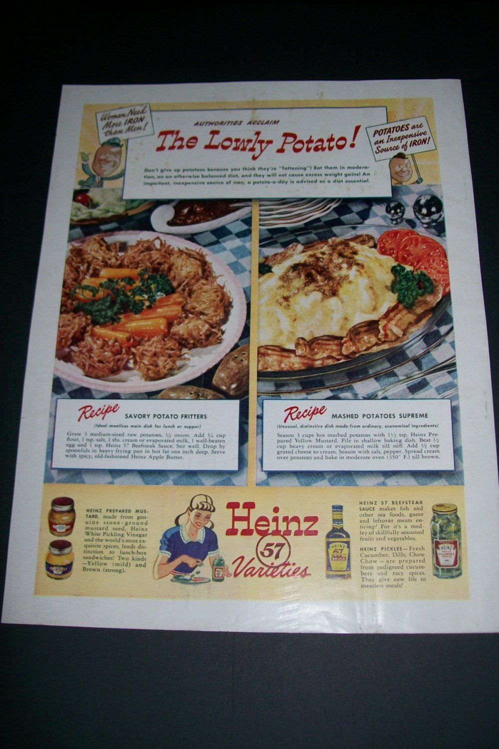 Vintage 1943 Heinz 57 Varieties The Lowly Potato A Good Source of Iron Print Ad Advert WW2 WWII Era