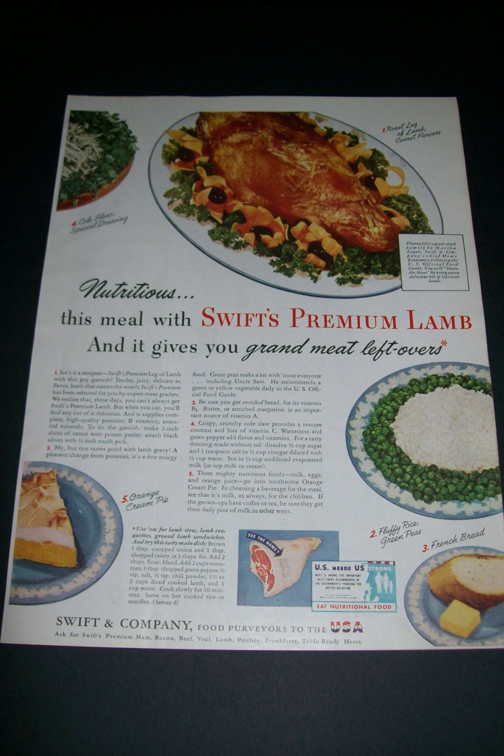Vintage 1943 Swift & Company Swift Premium Lamb WW2 WWII U.S. Needs Us Strong 1940s Print Ad Advert