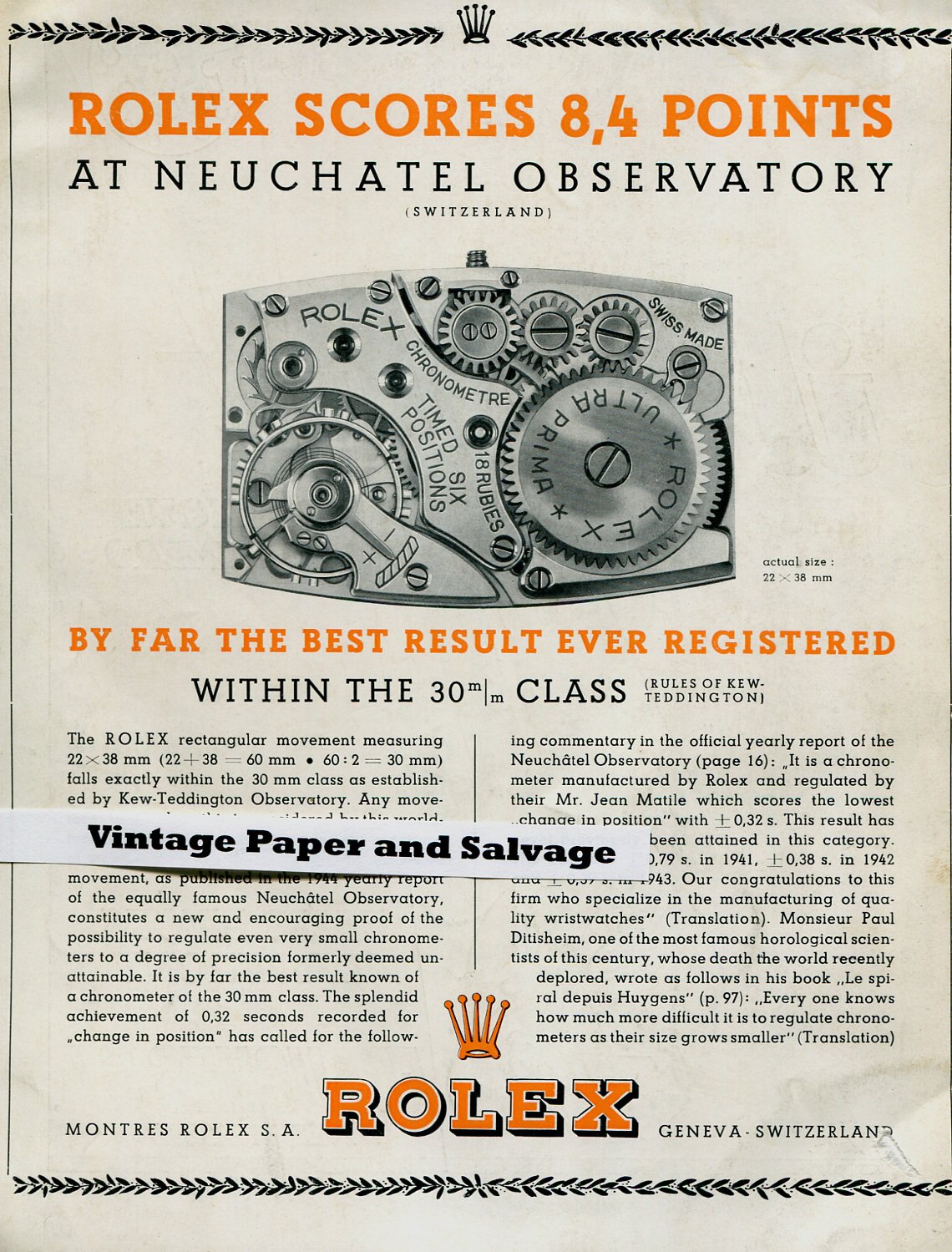1945 Rolex Watch Co Scores 8.4 Points at Neuchatel Observatory Vintage 1940s Swiss Print Ad