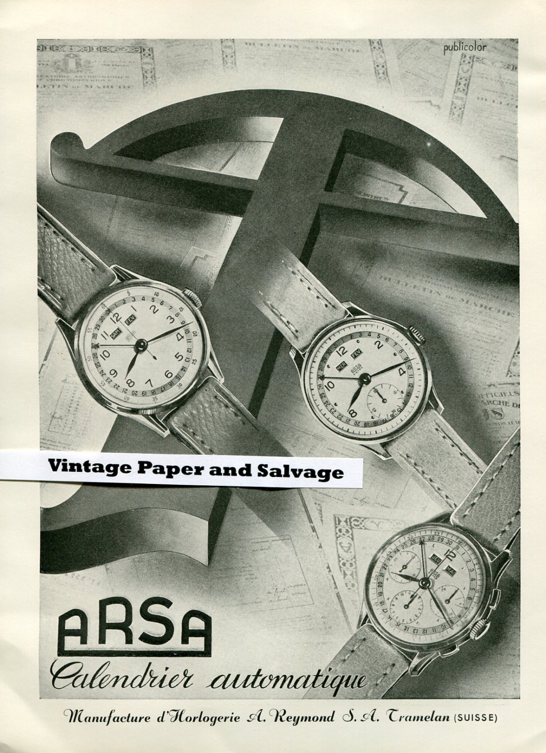 Vintage 1945 A Reymond SA Arsa Watch Co Switzerland 1940s Swiss Print Ad Suisse Publicite