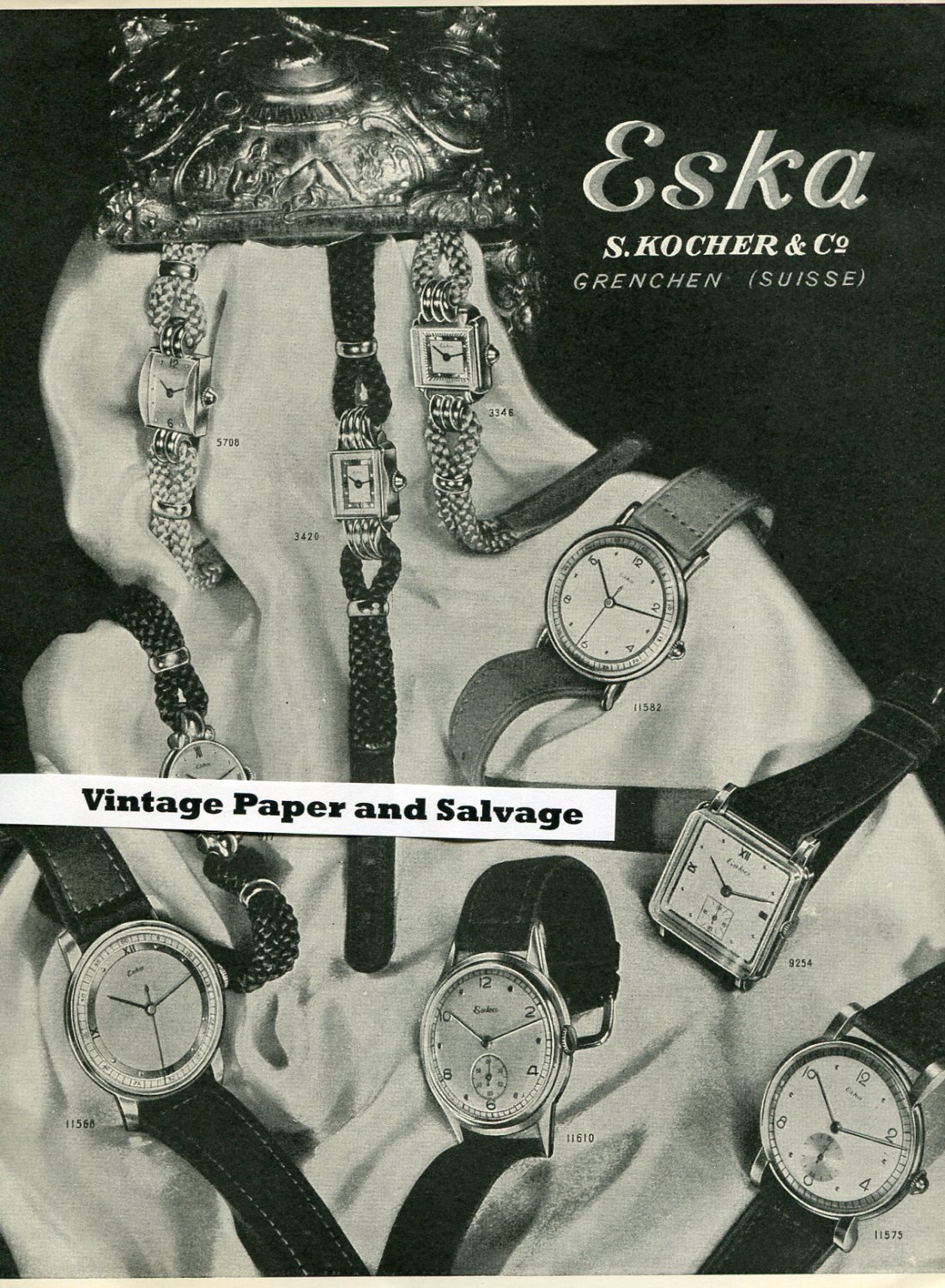 Vintage 1945 Eska S Kocher & Co Watch Co Switzerland Original 1940s Swiss Print Ad Suisse Publicite