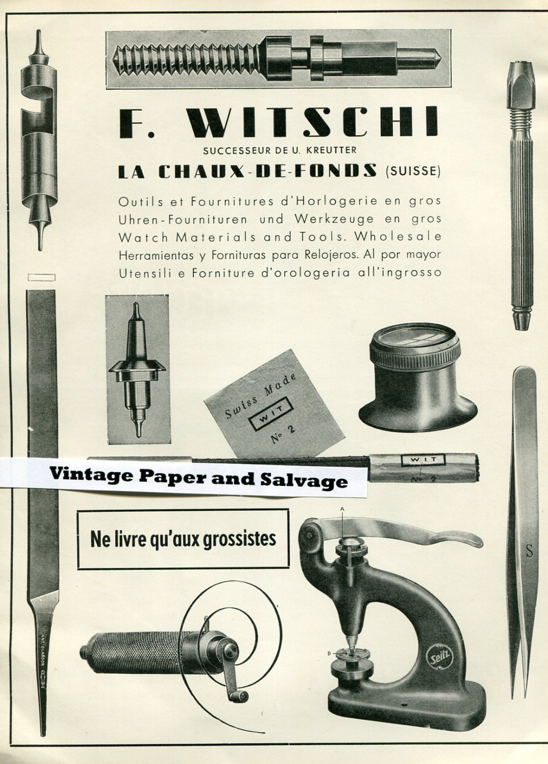Vntage 1945 F Witschi Switzerland Original 1940s Swiss Print Ad Suisse Publicite Horlogerie Horology