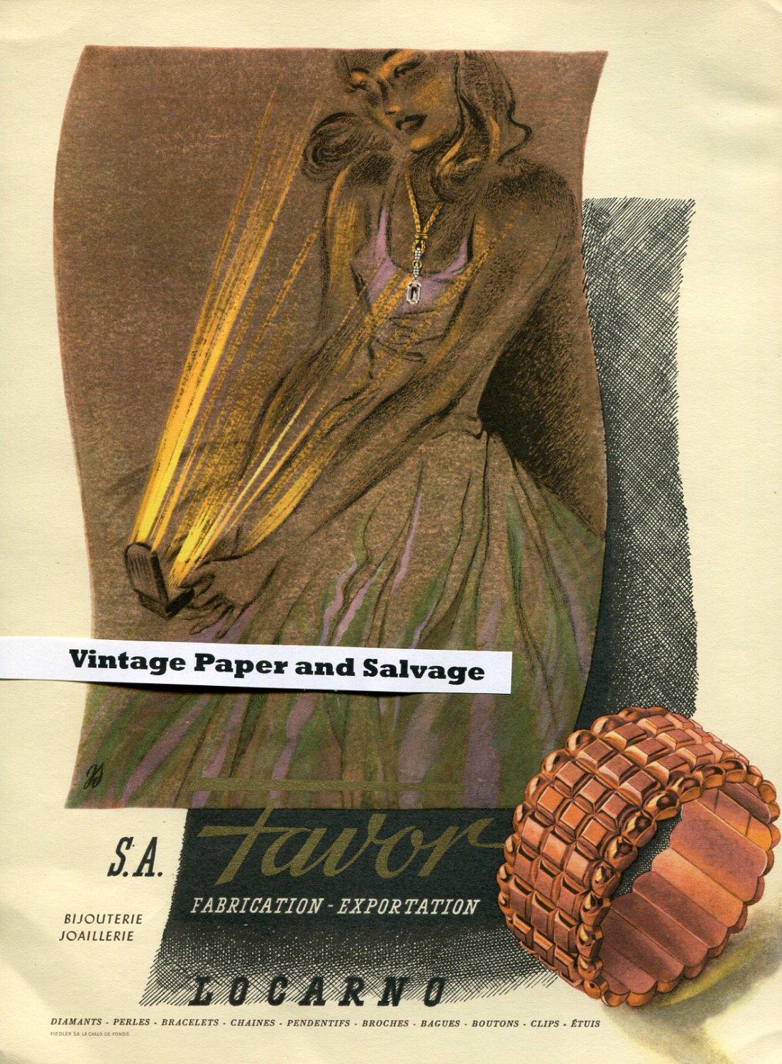Vintage 1945 SA Favor Locarno Jewelry Co 1940s Swiss Print Ad Suisse Publicite Bijouterie Ad