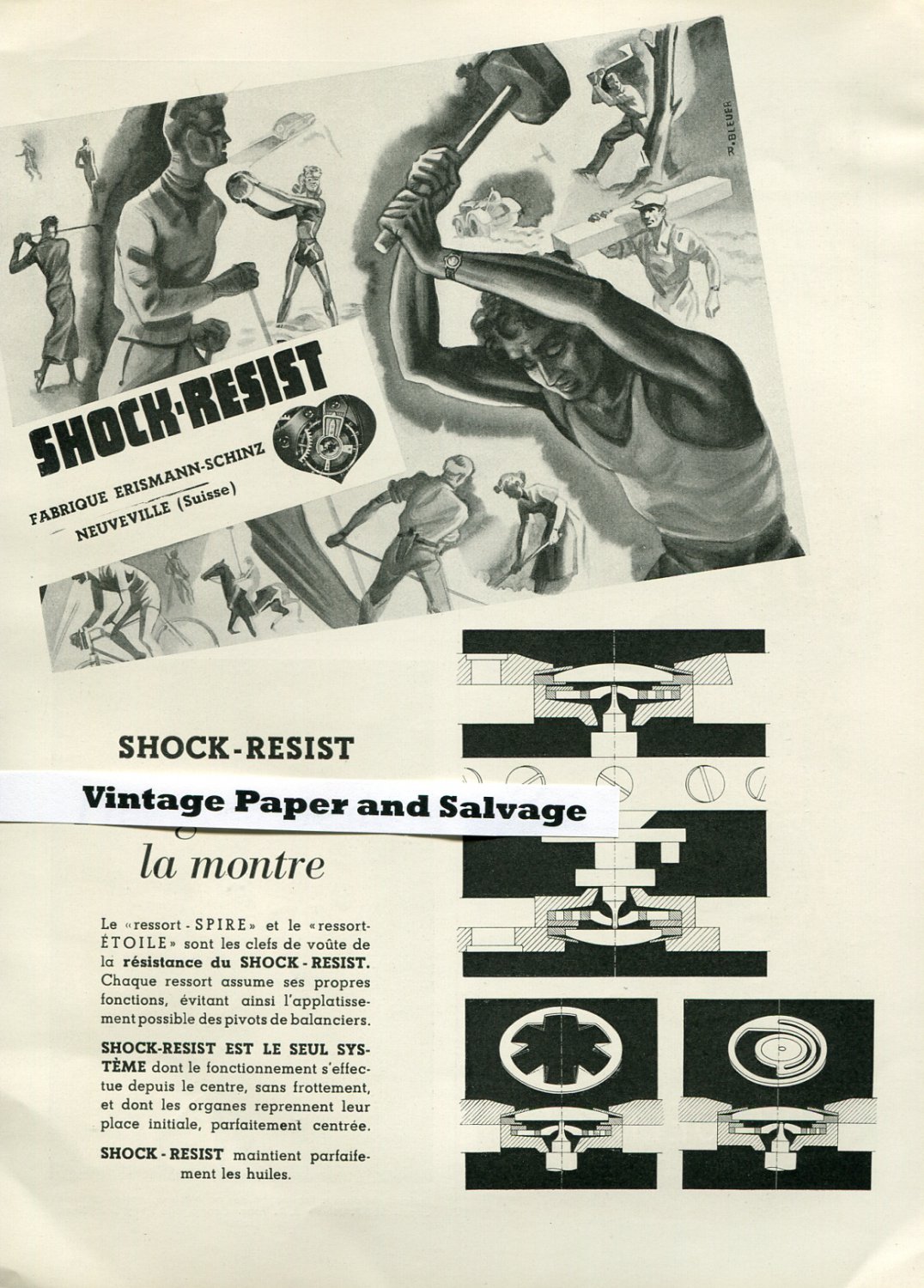 Vintage 1945 Shock-Resist Erismann-Schinz Switzerland 1940s Swiss Print Ad Suisse Publicite