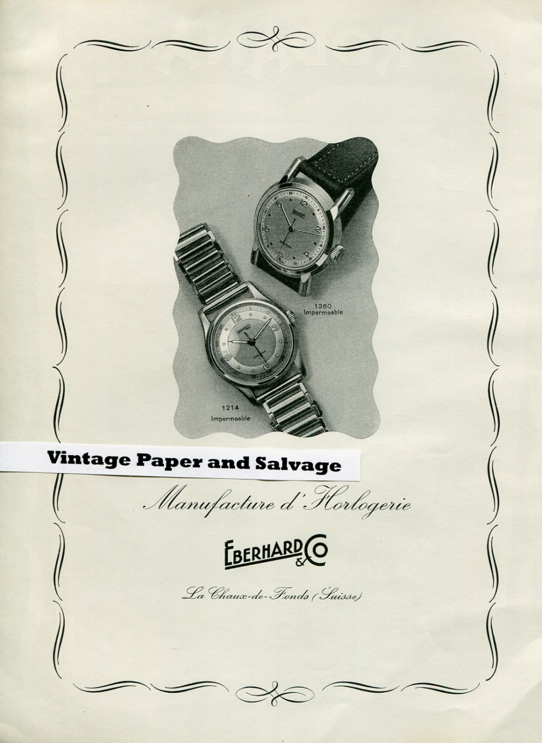 1945 Eberhard & Co Watch Company Switzerland Swiss Print Ad Suisse Publicite Montres
