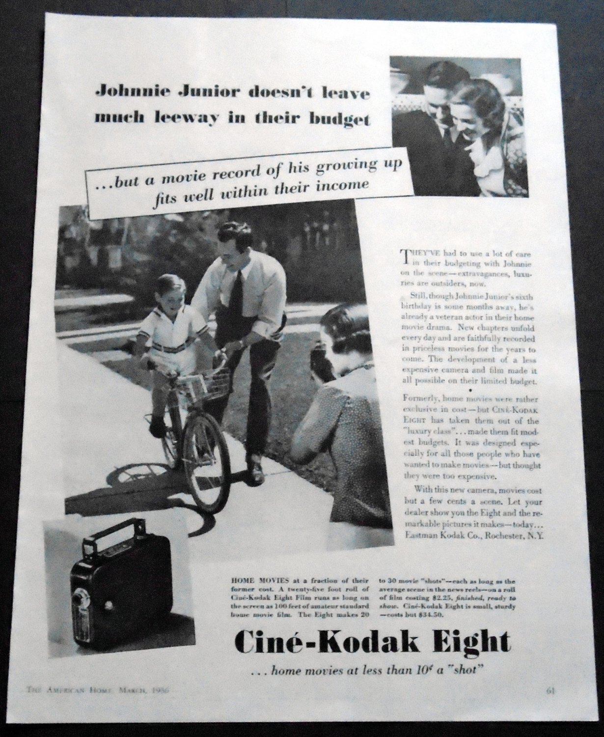 Vintage 1936 Cine-Kodak Eight Eastman Kodak Home Movies 1930s Print Ad Advert Publicite