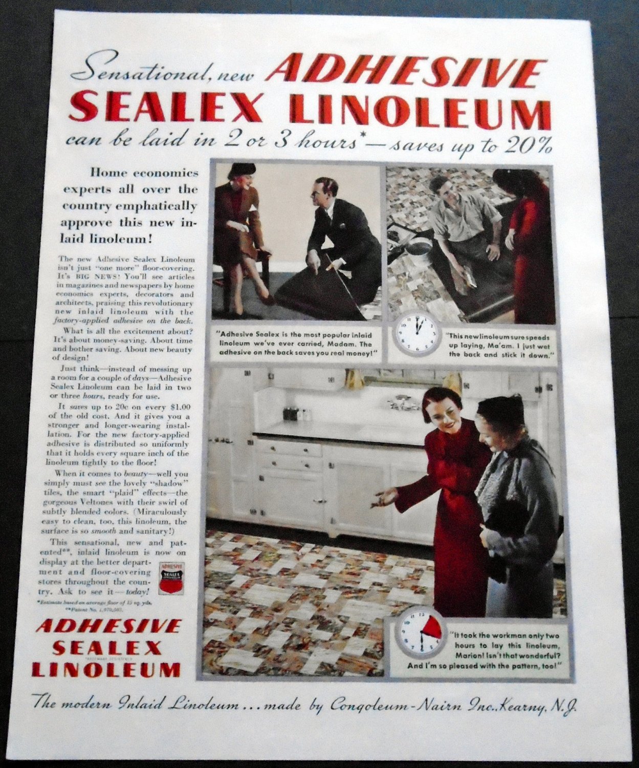 Vintage 1936 Congoleum-Nairn Inc Kearny NJ Adhesive Sealex Linoleum 1930s Print Ad Advert