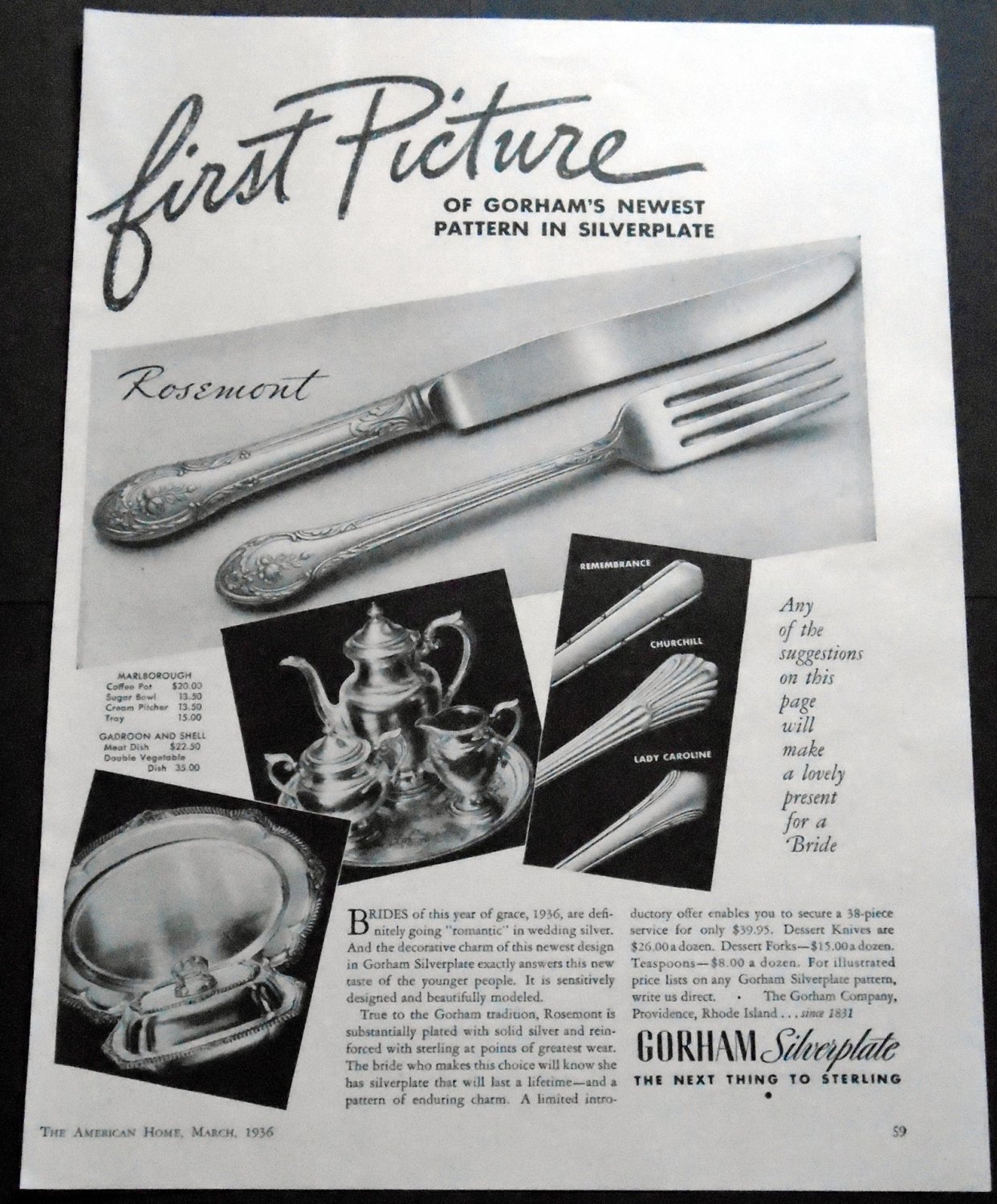 Vintage 1936 Gorham Company Providence RI Silverplate Rosemont 1930s Print Ad Publicite Advert