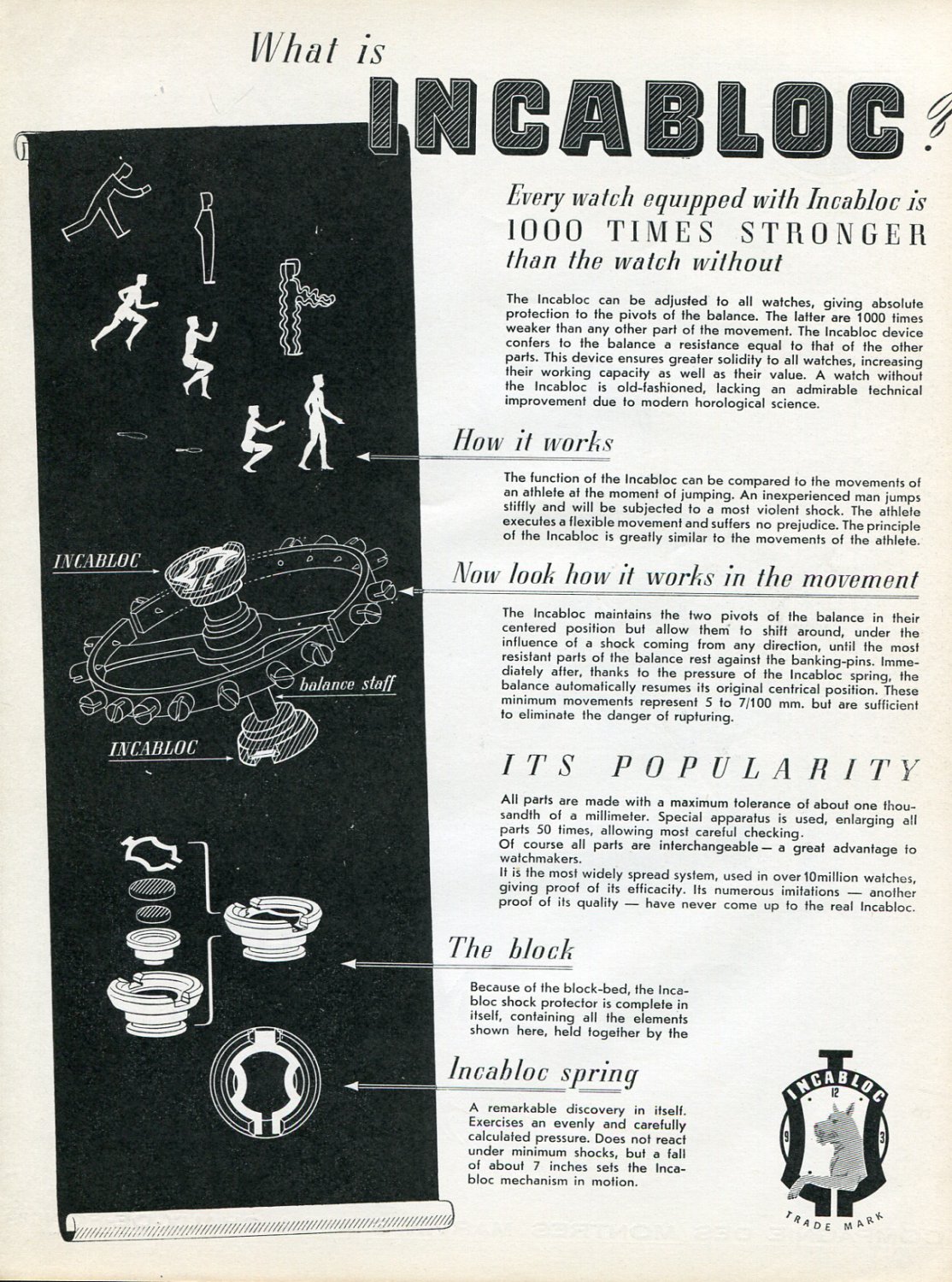 Vintage 1946 Incabloc 1000 Times Stronger Swiss Print Ad Publicite Suisse Horlogerie Horology