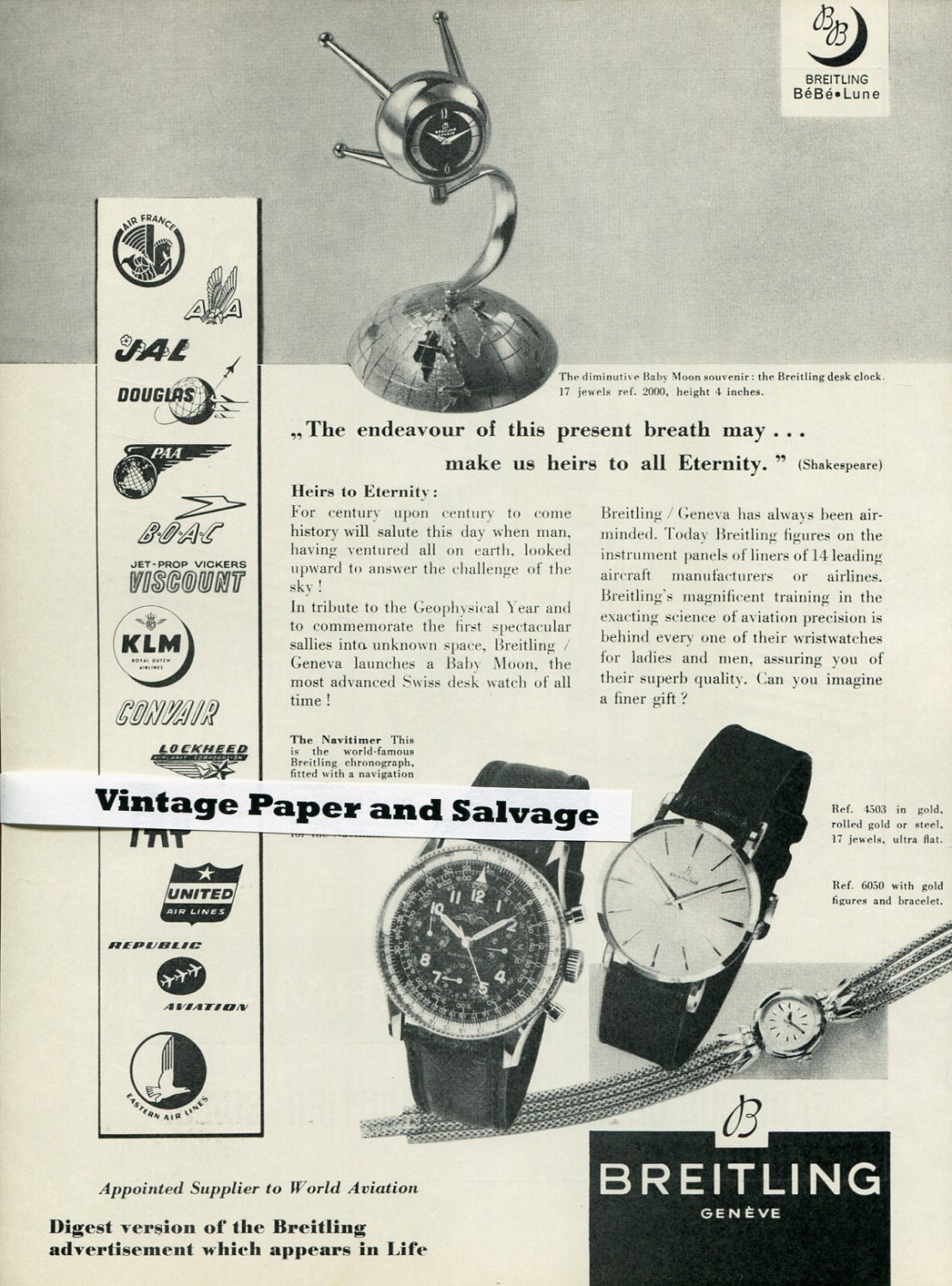 Original 1958 Breitling Bebe Lune Baby Moon Advert Publicite Suisse Swiss Print Ad Space Travel