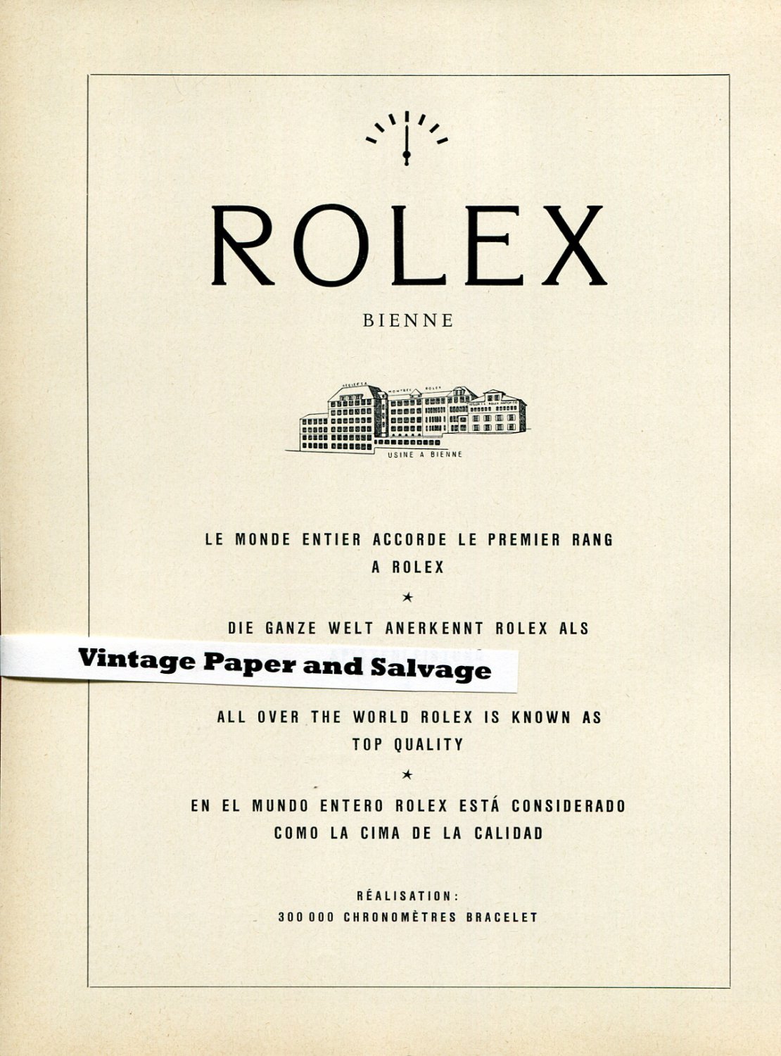 1958 Rolex Watch Company Realisation 300,000 Chronometres Bracelet Vintage 1950s Swiss Print Ad