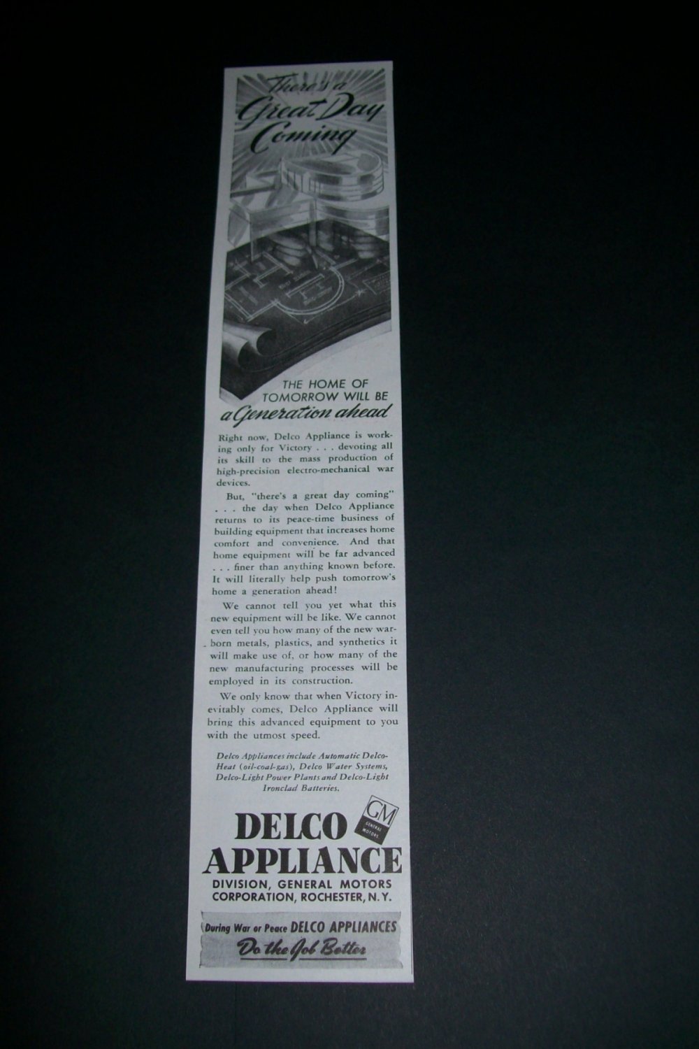 Vintage 1943 Delco General Motors WW2 WWII Working for Victory Great Day Coming Print Ad Advert