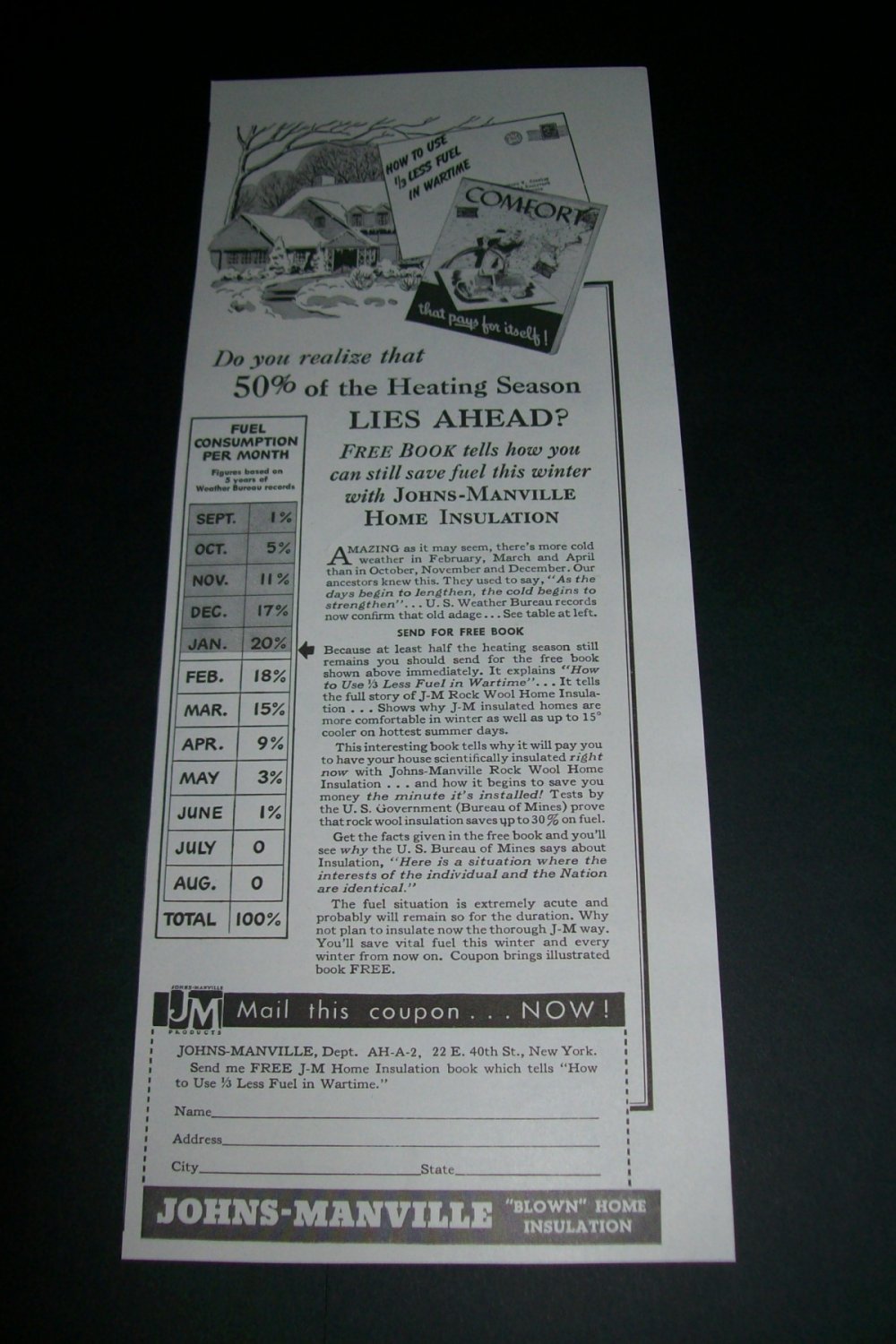 Vintage 1943 Johns-Manville Blown Home Insulation Original 1940s Print Ad Publicite Advert