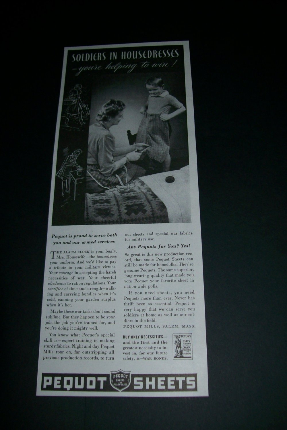 Vintage 1943 Pequot Sheets WW2 WWII Soldiers in Housedresses Helping to Win Original 1940s Print Ad