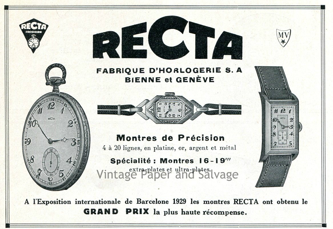 1931 Recta Watch Co Fabrique d'Horlogerie SA Original Swiss Ad ...