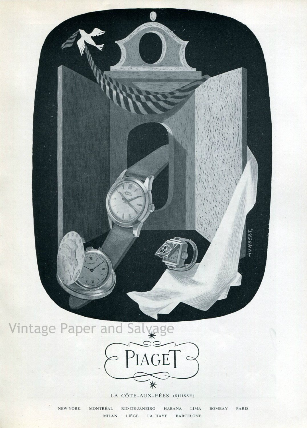Vintage 1952 Georges Piaget Watch Co La Cote-Aux-Fees Switzerland Swiss Ad Publicite Suisse Montres