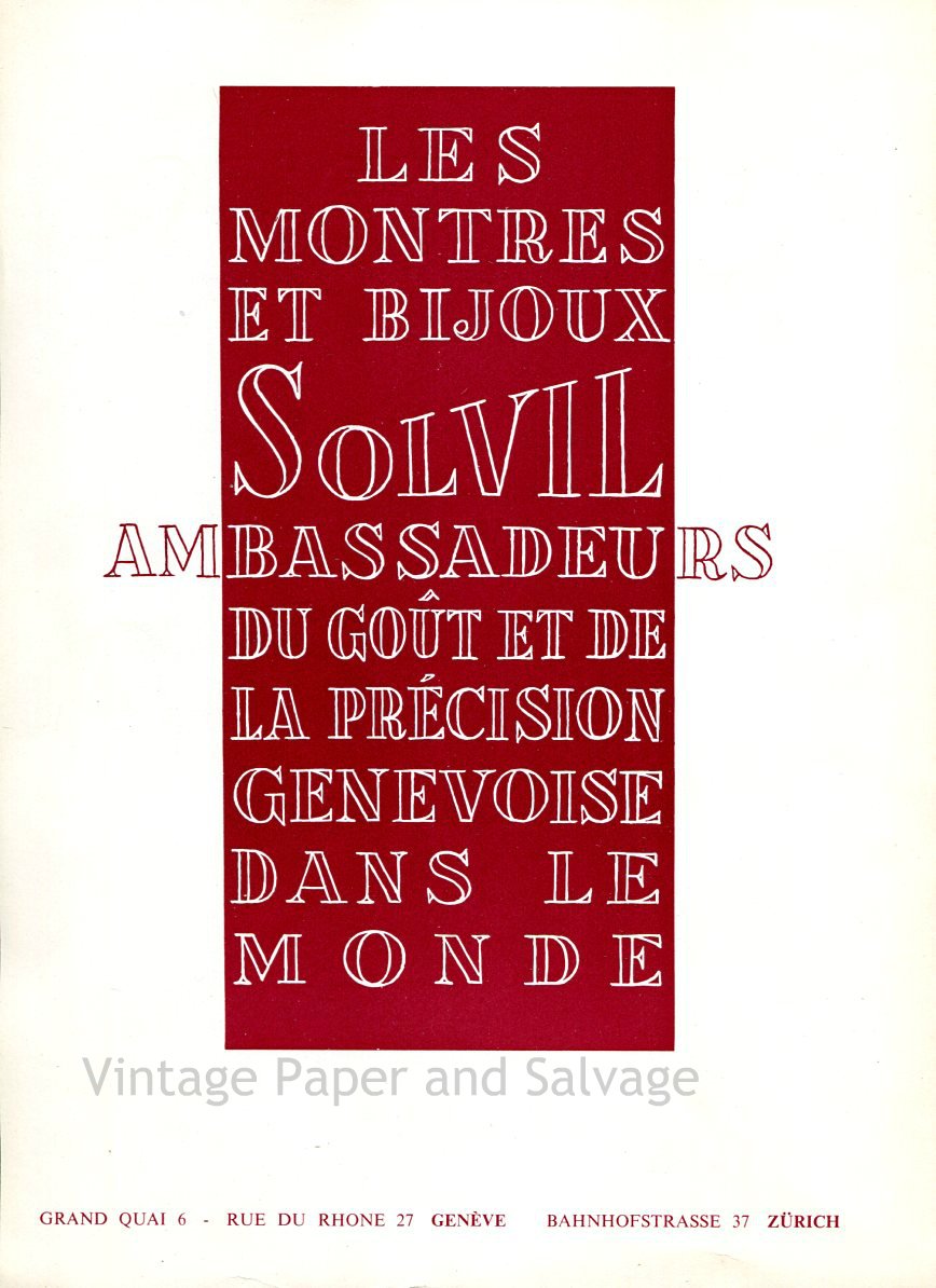 Vintage 1952 Solvil Ambassadeurs du Gout et de La Precision Genevoise Swiss Ad Suisse Publicite