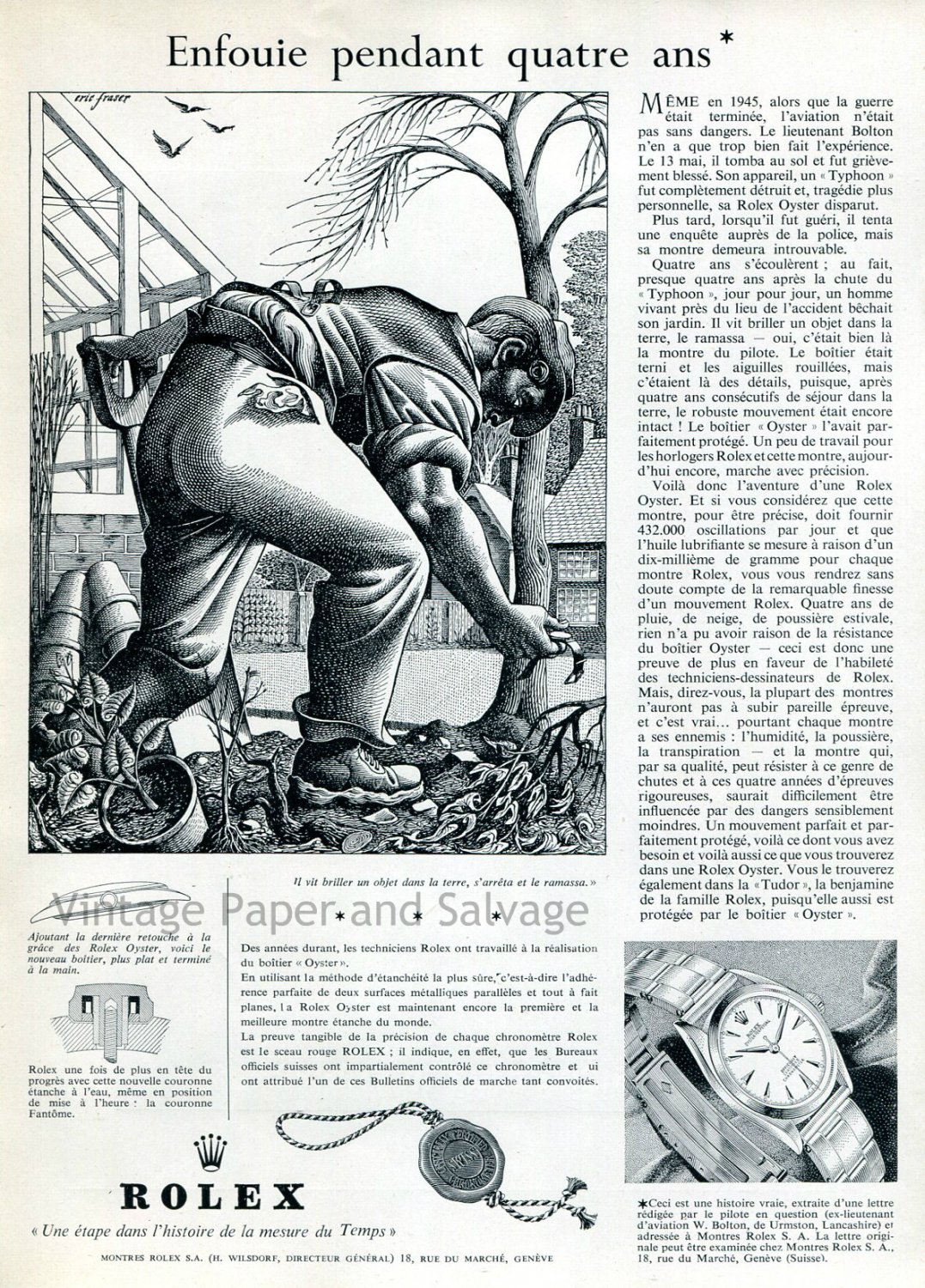 1952 Rolex Watch Company Enfouie Pendant Quatre Ans Vintage 1950s Swiss Print Ad