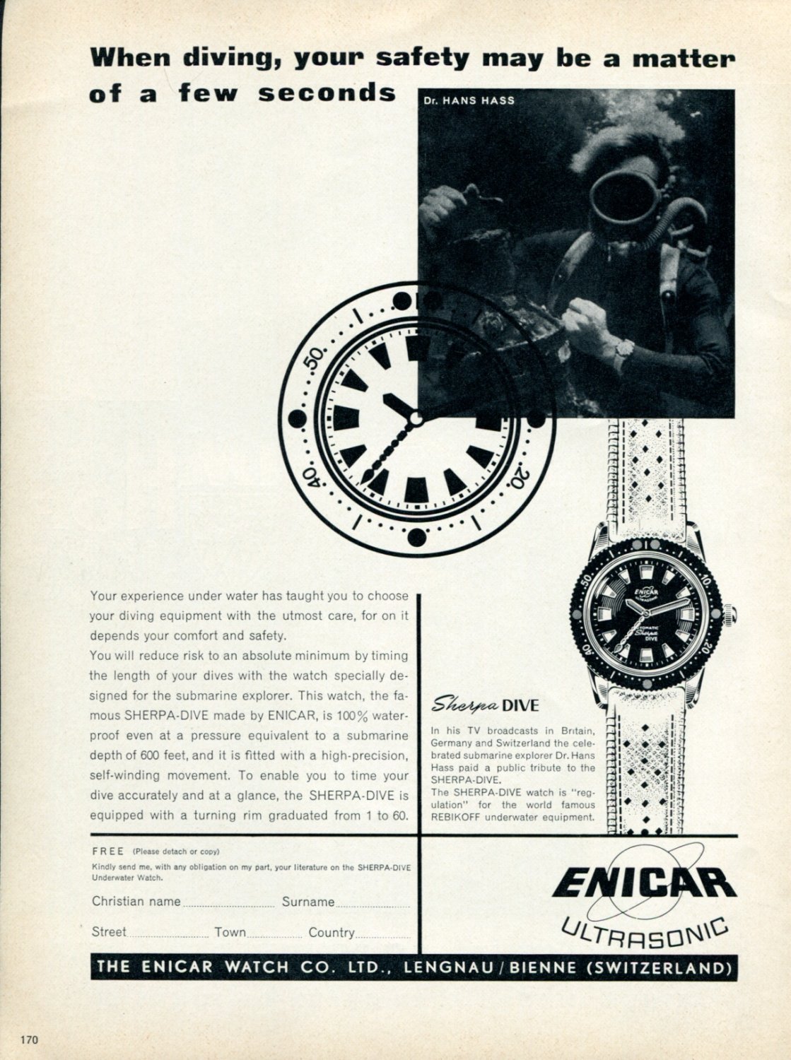Vintage 1959 Enicar Sherpa Dive Watch Advert Publicite ...