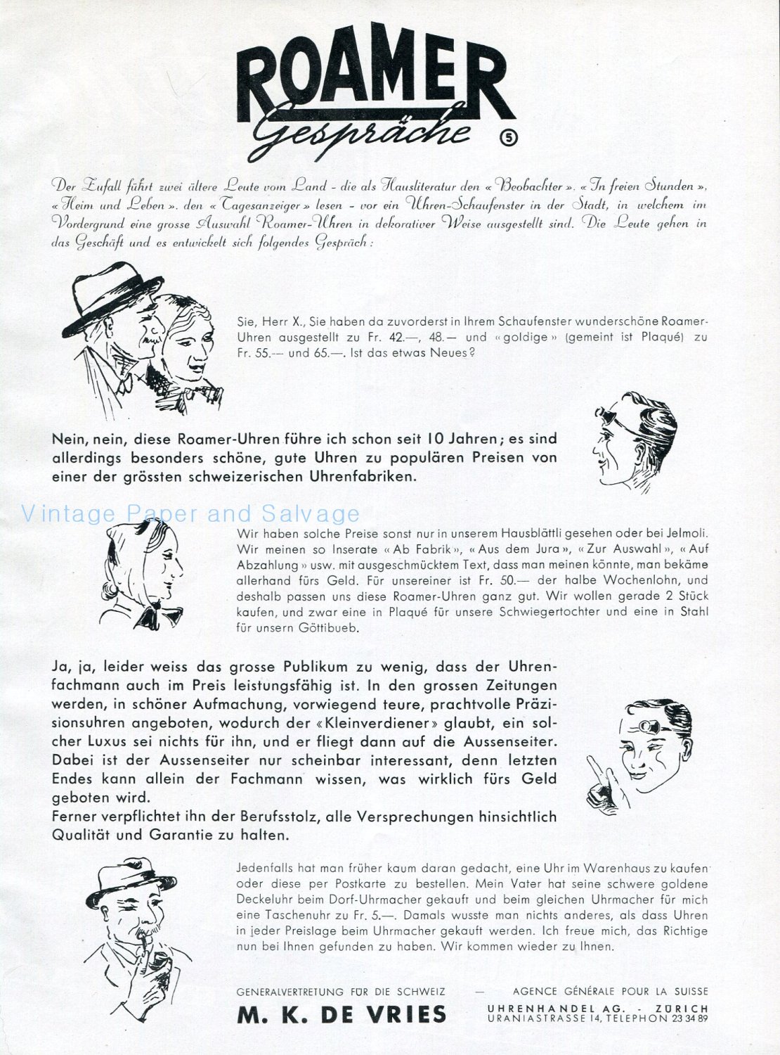 Original 1945 Roamer Watch Company Switzerland Swiss Ad Publicite Suisse Schweiz Roamer Uhren