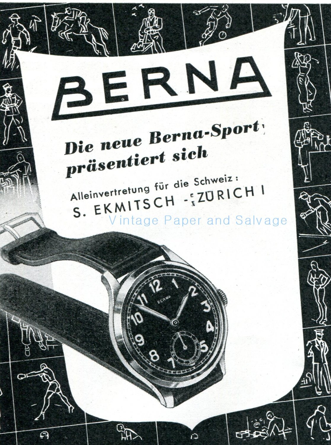 Vintage 1945 Berna Sport Watch Advert Publicite Suisse Montres Swiss Magazine Ad Schweiz